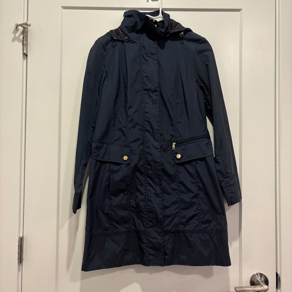 Cole Haan Signature Navy Blue Hooded Rain Jacket Trench Coat Womens XS